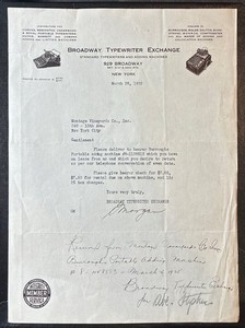NEW YORK ~ BROADWAY TYPEWRITER EXCHANGE, Adding Machines ~ Illus Letterhead 1935