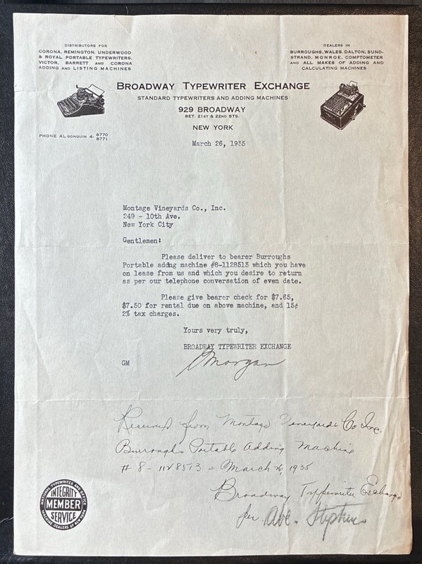 NEW YORK ~ BROADWAY TYPEWRITER EXCHANGE, Adding Machines ~ Illus Letterhead 1935