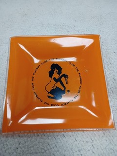 Vintage 1960s The Playboy Club Glass Ashtray Orange Bunny Holding Key Tray 3.75"
