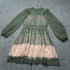 Anthropologie Riannon Smocked Long Sleeve Dress XS Green Pink Floral Boho Ruffle