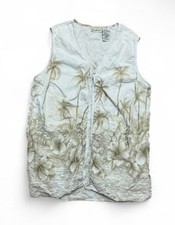 Vintage White Stag Linen  Cotton Button Up Sleeveless Top Collar Tropical Palms