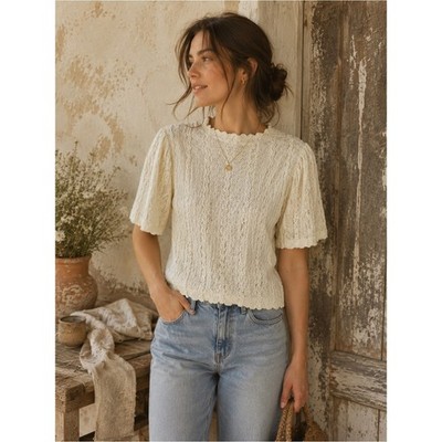 Rockin G Cream Lace Knit Flutter Sleeve Top Boho Cottagecore Blouse Size Large