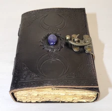 7x5" Leather Journal Sketchbook Handmade Paper, Stone & Brass Clasp, Blank Book