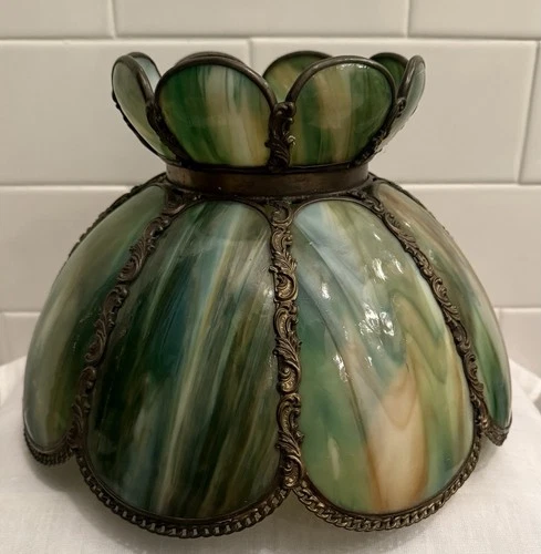 Antique Vintage Green Slag Glass Leaded Lamp Shade Tiffany Style Gorgeous