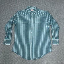 Vintage H Bar C Shirt Mens 16.5/33 Green Stripe Pearl Snap Western Long Tail