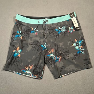 ONeill Hyperfreak Heat Board Shorts Mens Size 44 Tropical Floral Gray Drawstring