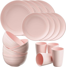 16 Piece Plates and Bowls Sets for 4, Unbreakable Dinnerware Sets, Plastic Dish