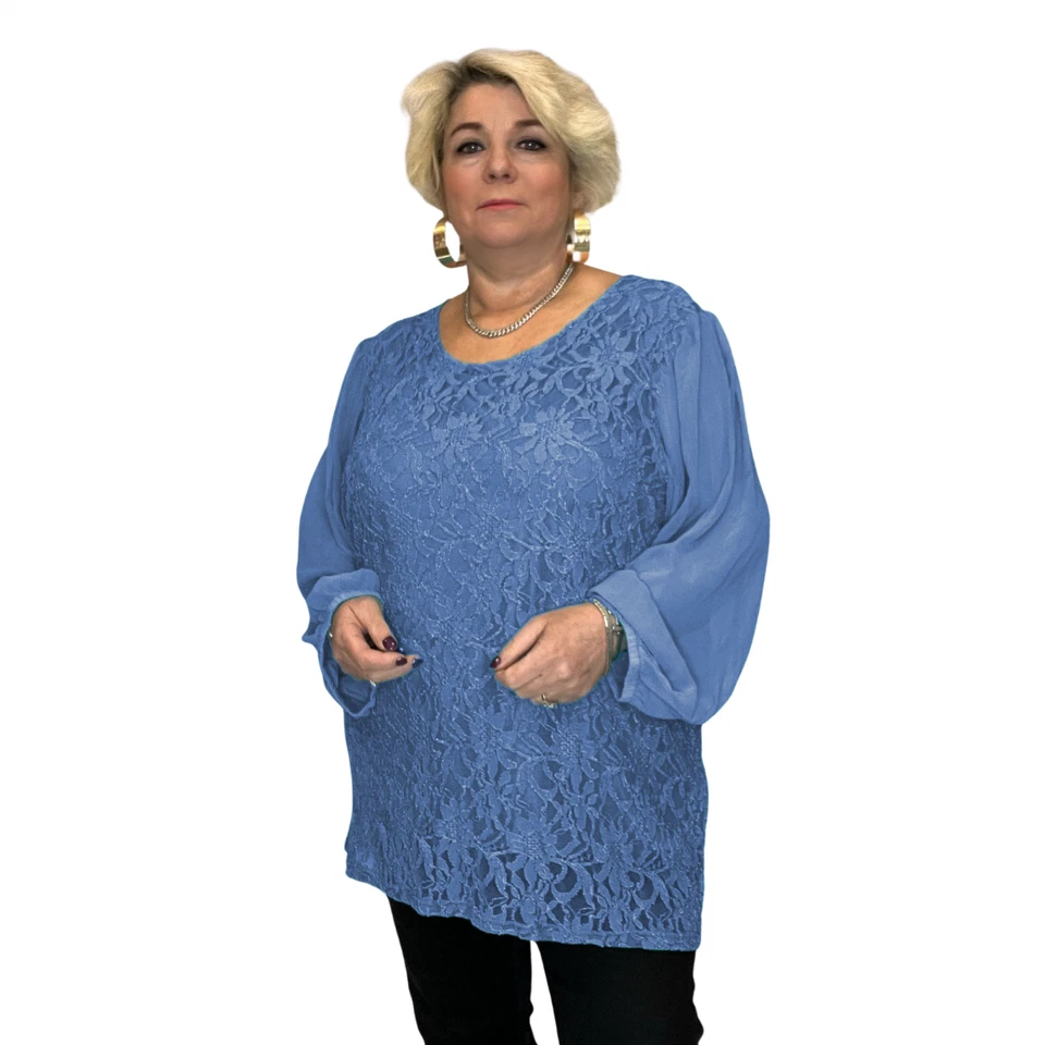 ROCKTHOSECURVES WOMENS BLOUSE LUXURY LACE WITH CHIFFON SLEEVE PARTY EVENING TOP - Image 3 of 4