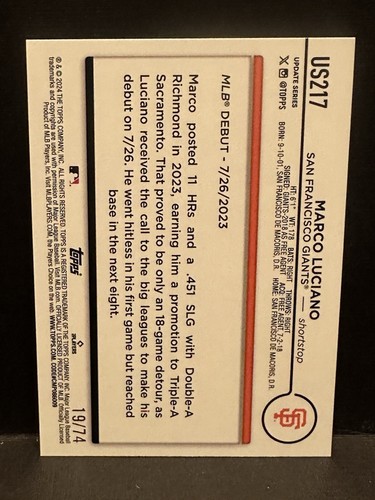 2024 Topps Update MARCO LUCIANO RC #US217 Black 19/74 - Picture 2 of 2