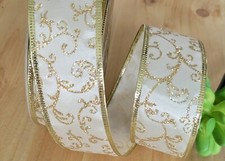 1.5 Inch 5 YDS Wired Christmas Ribbon Gold w/Gold Trim Gift Wrap Bows Wreaths