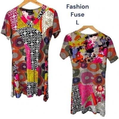 Fashion Fuse women's L multicolor psychedelic short sleeve V-neck tunic artsy