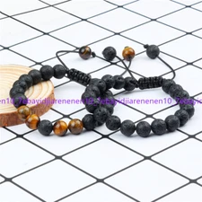 2 Pcs 8/10/12mm Yellow Tiger's Eye&Black Lava Rock Round Braided Bracelet 7.5 in