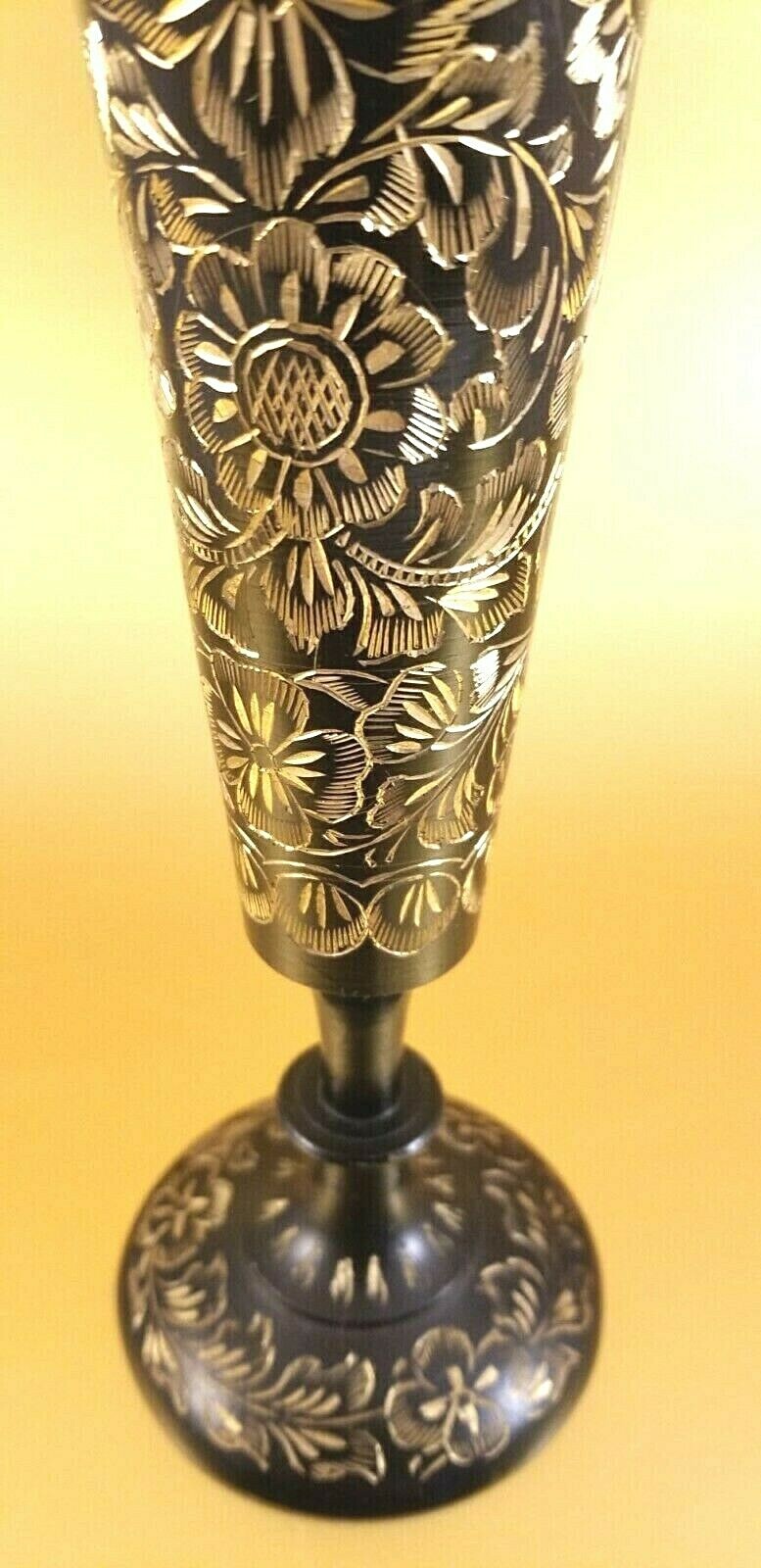 Vintage Black Bud Vase Etched Engraved Elegant Gold Floral Pattern