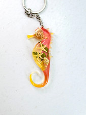 Vintage Travel Souvenir Hawaii Seahorse Acrylic Seashell Keyring Keychain 3"