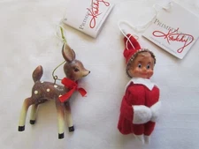 Vintage Style Fawn Deer & Elf knee hugger Ornament Primitives by Kathy  2pc NEW