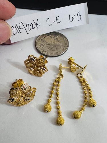 NEW 21K 875 Real Gold Flower Earring & 22K Beads Balls Earring 6.3g Set of Two - Picture 19 of 20