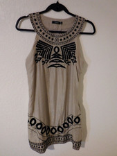 Theme Size Small Woman's Boho Taupe Beige Black Embroidered Shift Dress Lined