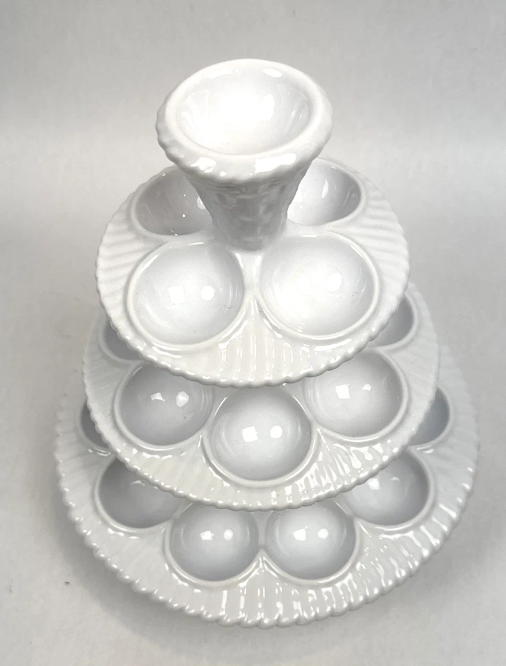 Williams Sonoma White Ceramic 10" Egg Tree 3 Tier Basket Weave Stand Centerpiece - Image 4 of 4