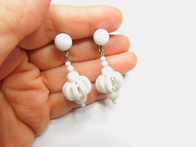 Mid Century White Milk Glass Bead Dangle Screw Back Earrings W. Germany Vintage
