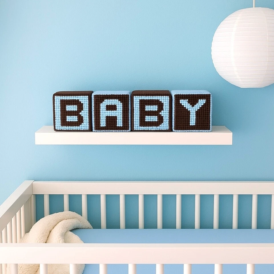 Bloques de lona de plástico a punta de aguja hechos a mano azul marrón decoración de guardería Foto 2 de 4