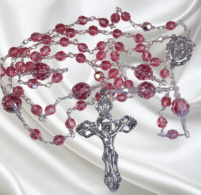 Unbreakable Handmade Catholic Rosary Pink Czech Crystal October Birthstone