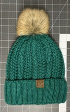 CC Exclusives Green Knit Beanie Stocking Cap Hat Fleece Lined W Faux Fur Pom Pom