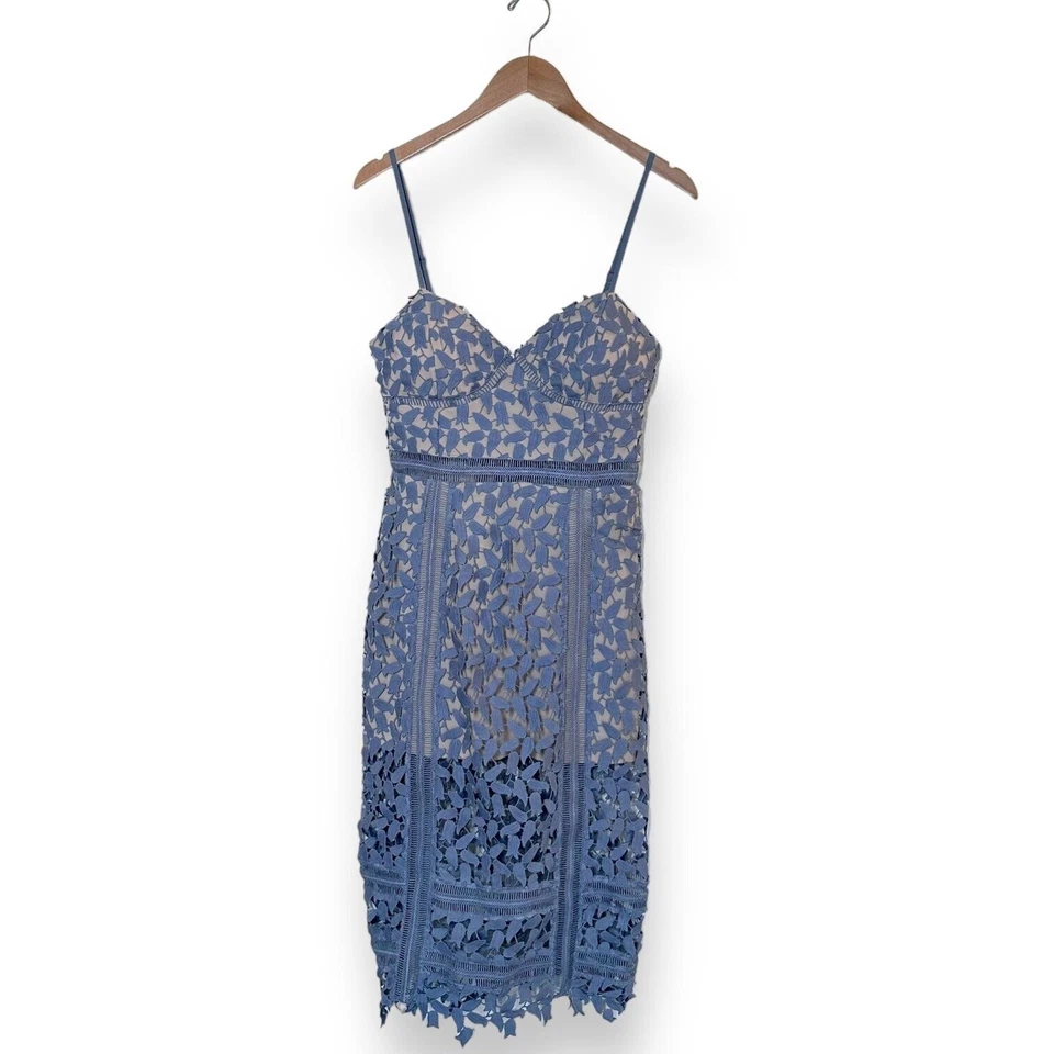 Vestido midi de encaje a ganchillo BLOOMINGDALE'S funda cuello corazón coqueta azul Foto 3 de 4