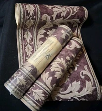Vtg Wallquest Prepasted Regal Leaf Plum&Gold Tone 3 Set Wallpaper