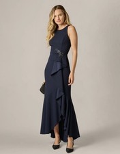 NWT Adrianna Papell Sz 10 Midnight Blue Beaded Crepe Halter Mermaid  Gown