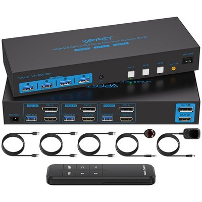 4K120Hz Kvm Switch 2 Monitors 3 Computers 8K60Hz HDMI Displayport Dual Monito...