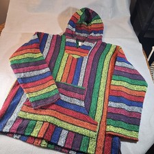 Baja Hoodie Rainbow Striped Pullover Mexican Blanket Style Hooded Sweater L