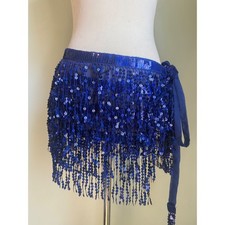 Blue Sequin Fringe Hip Scarf Wrap BellyDance fairy Festival Rave Mini Skirt y2k