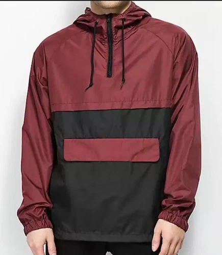 Zine Windbreaker Men's L Burgundy & Black 1/4 Zip Hooded Drawstrings Pockets