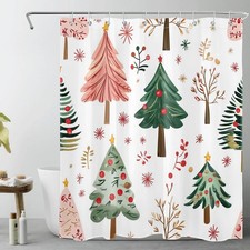 Christmas Tree Shower Curtain for Bathroom, Abstract Forest Pink and Green Sn...