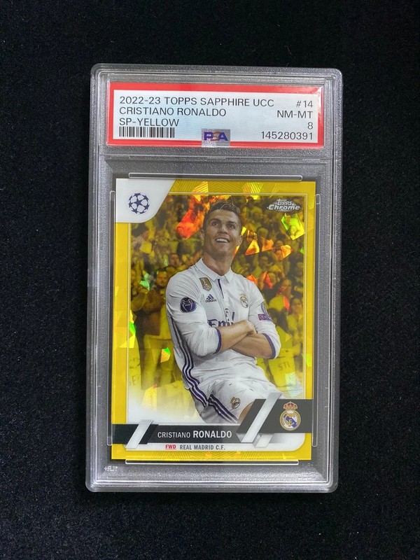 2022-23 Topps Chrome UEFA Sapphire SP-Yellow Cristiano Ronaldo 61/99 PSA 8 EI26