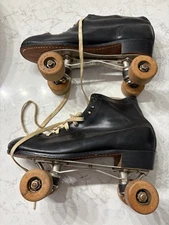 Antique Chicago Roller Skate Co Ware Bros Black Leather Wood Wheels Sz 7