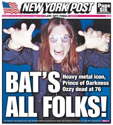 Ozzy Osbourne DEAD Bat's All Folks New York  Post Newspaper 7/23/2025