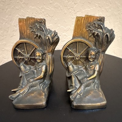 Mid 20th Century two Antique Bronze collectible Bookends Tom Sawyer  Huck Finn 