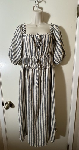 Universal Thread Midi Dress SZ M Blue Striped Linen Cotton Peasant Puff Sleeve