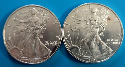 Two -1997 American Silver Eagle.  Uncirculated.  .999 fine Silver 1oz.