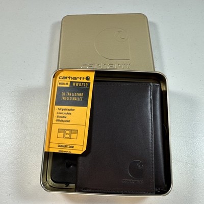 Carhartt Wallet Brown Oil Tan Leather Trifold ID Window Tin Box *PLS See Pics*