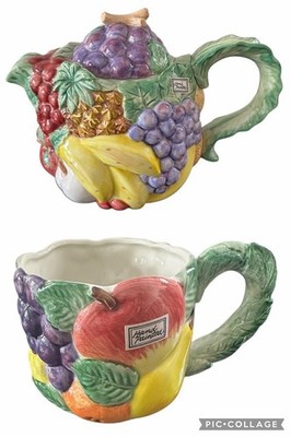 Neu Vintage Obst Teekanne & Becher Fitz & Floyd 1988 3D hell bunt