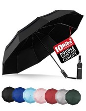 Windproof Travel Umbrella with Wood Handle - Double Vented Canopy-Black