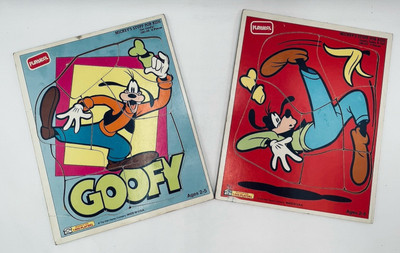 VTG Lot 2 Playskool Walt Disney Wood Puzzle GOOFY TAKES A F1all 90-03 & 190-06