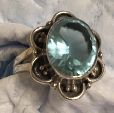 Sterling Silver Blue Topaz Vintage Flower Ring Size 8 Oxidized Sparkle Loyalty
