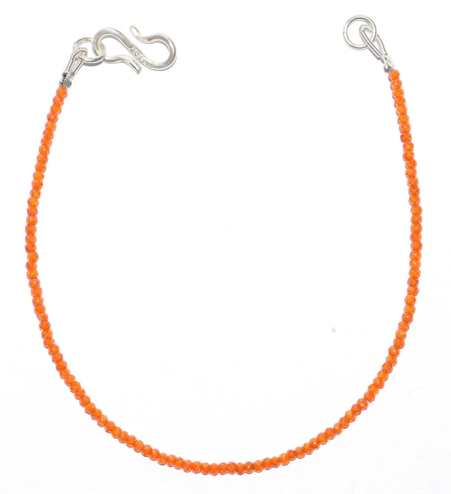 925 Fine Silver Orange Zircon Gemstone 2 mm Round Beads 10" Strand Bracelet G-19 - Image 2 of 4