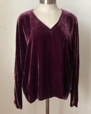 Eileen Fisher Sweet Plum Dolman Sleeve Silk Velvet V Neck Top Sz L NWT $278