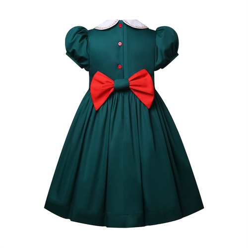 Vintage Girls Green Smocked Dress Short Sleeves Peter pan Collar Xmas Dresses - Picture 4 of 15