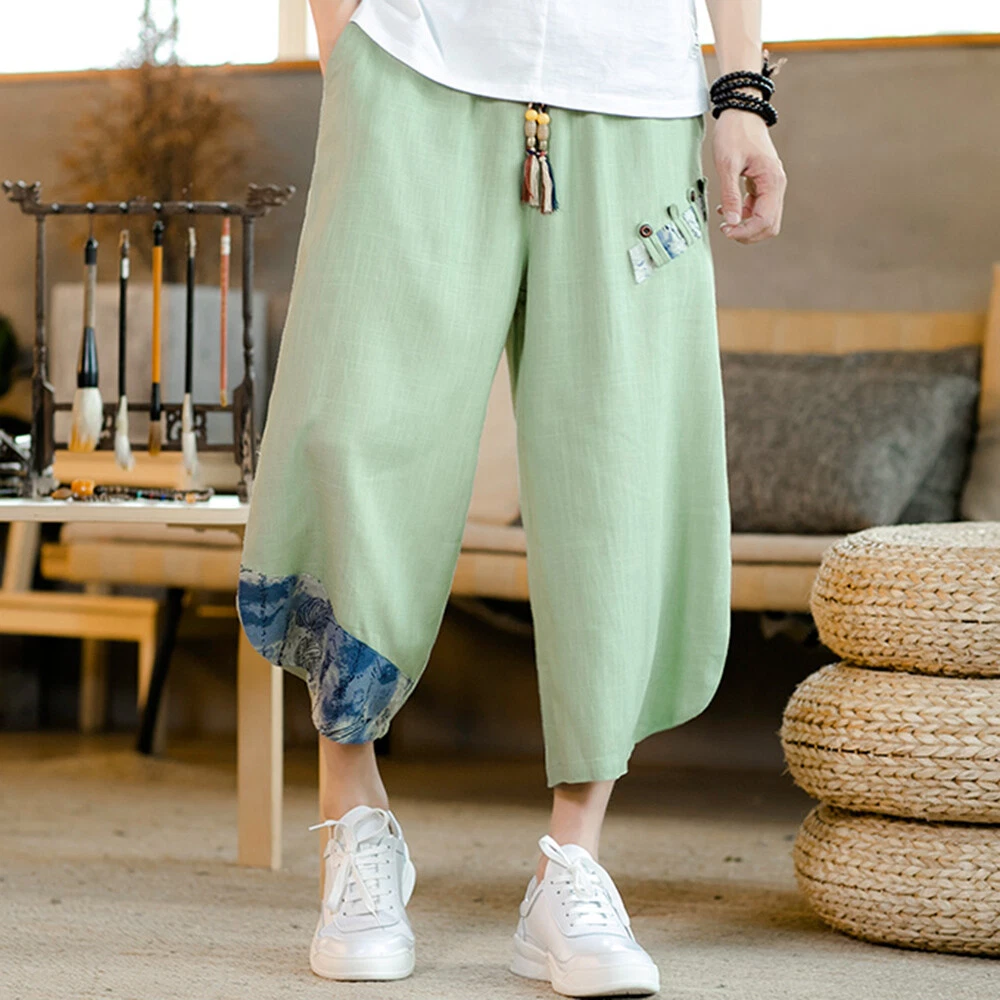 Mens Cotton Linen Capri Pants Summer Loose Ethnic Trousers Pockets