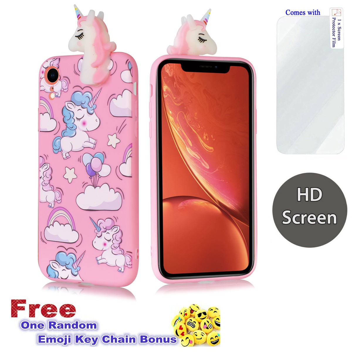 for iPhone XR 6.1 Girls 3D Unicorn Case Cute Soft Jelly Bumper TPU  Cover+Screen